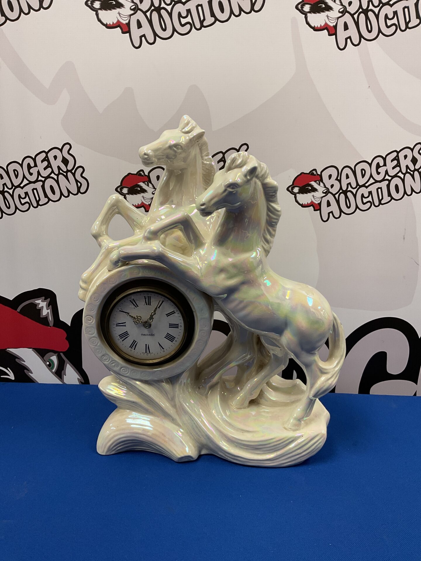 061 Vintage lustre ware glazed porcelain rearing horses with mercedes clock