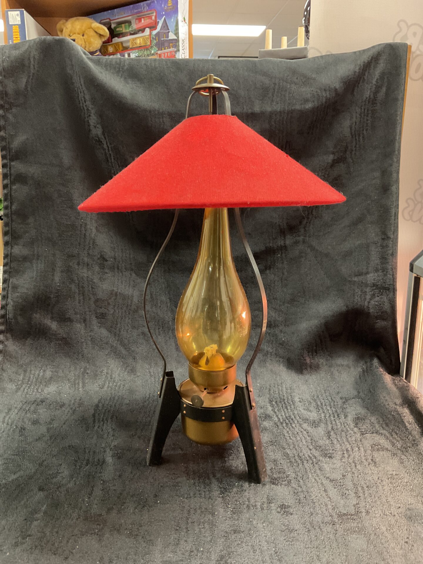 1005 Retro 1960s Style 16” Oil Lamp With Red shade and Hanging Loop to top