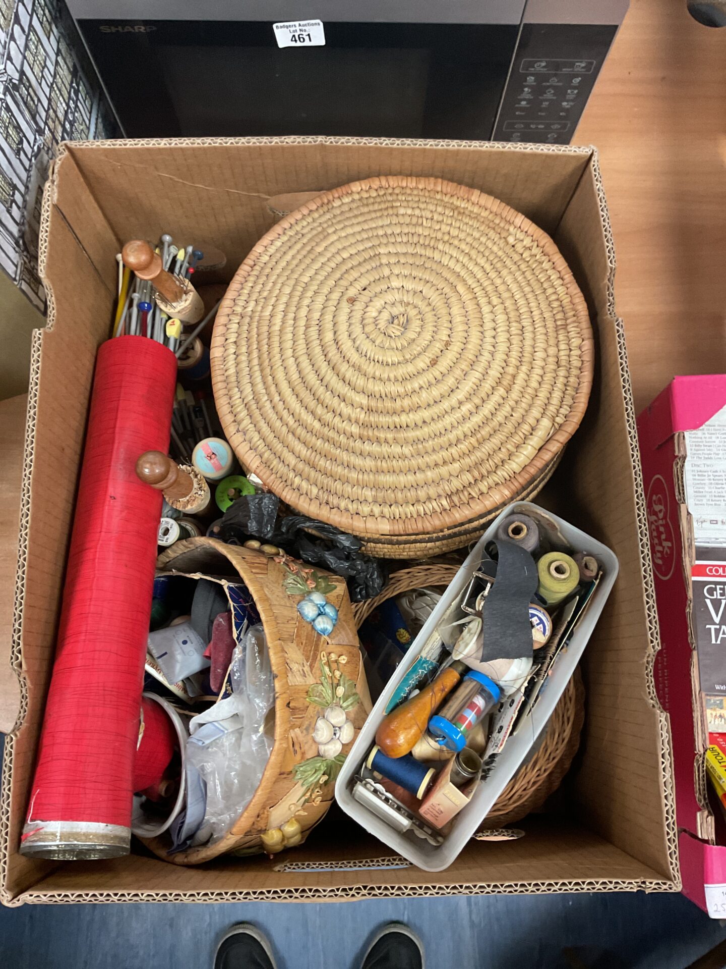 462 Box of mixed items inc a large round, woven straw basket with lid and various sewing and craft supplies