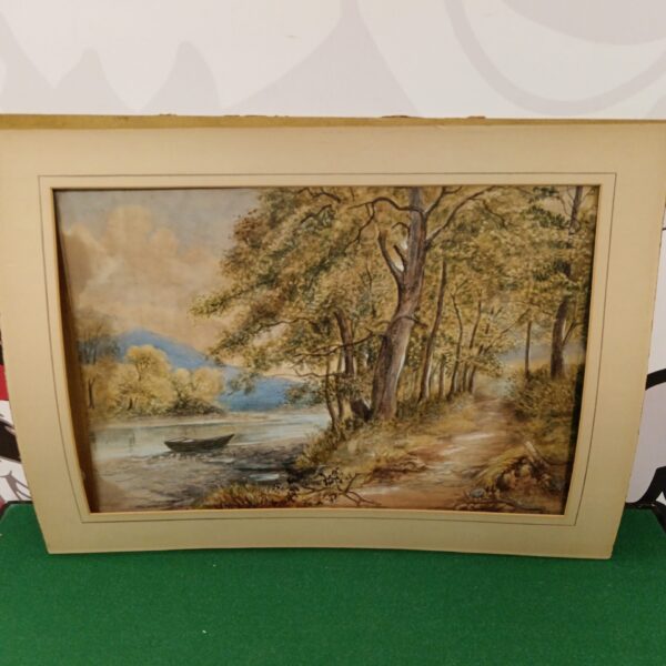 Early 20th century watercolour painting of a river woodland scene.