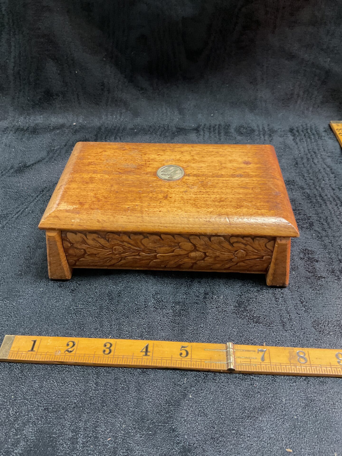 877 WW2 German SS Oak Music Box With Carved Oak leaves And Brass Disc inset in lid (No Musical Movement)