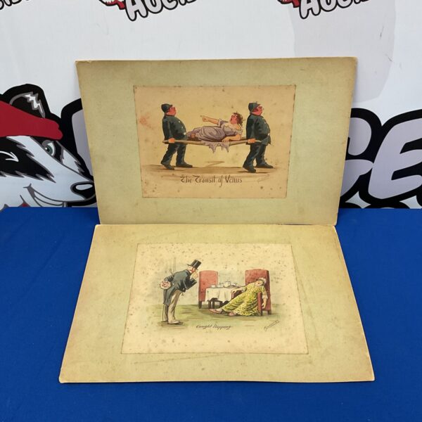 19th-century humorous cartoon pair, Victorian watercolour painting.