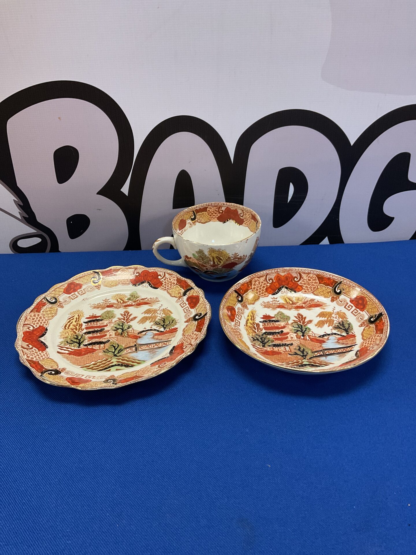 251 Antique Chinese pagoda pattern trio teacup, saucer & plate