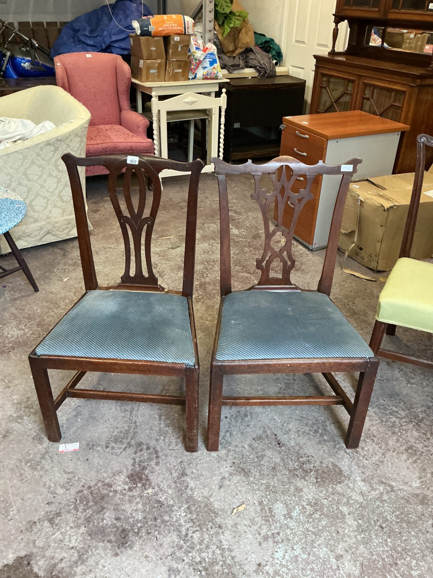 1089 Two dark wood hall chairs