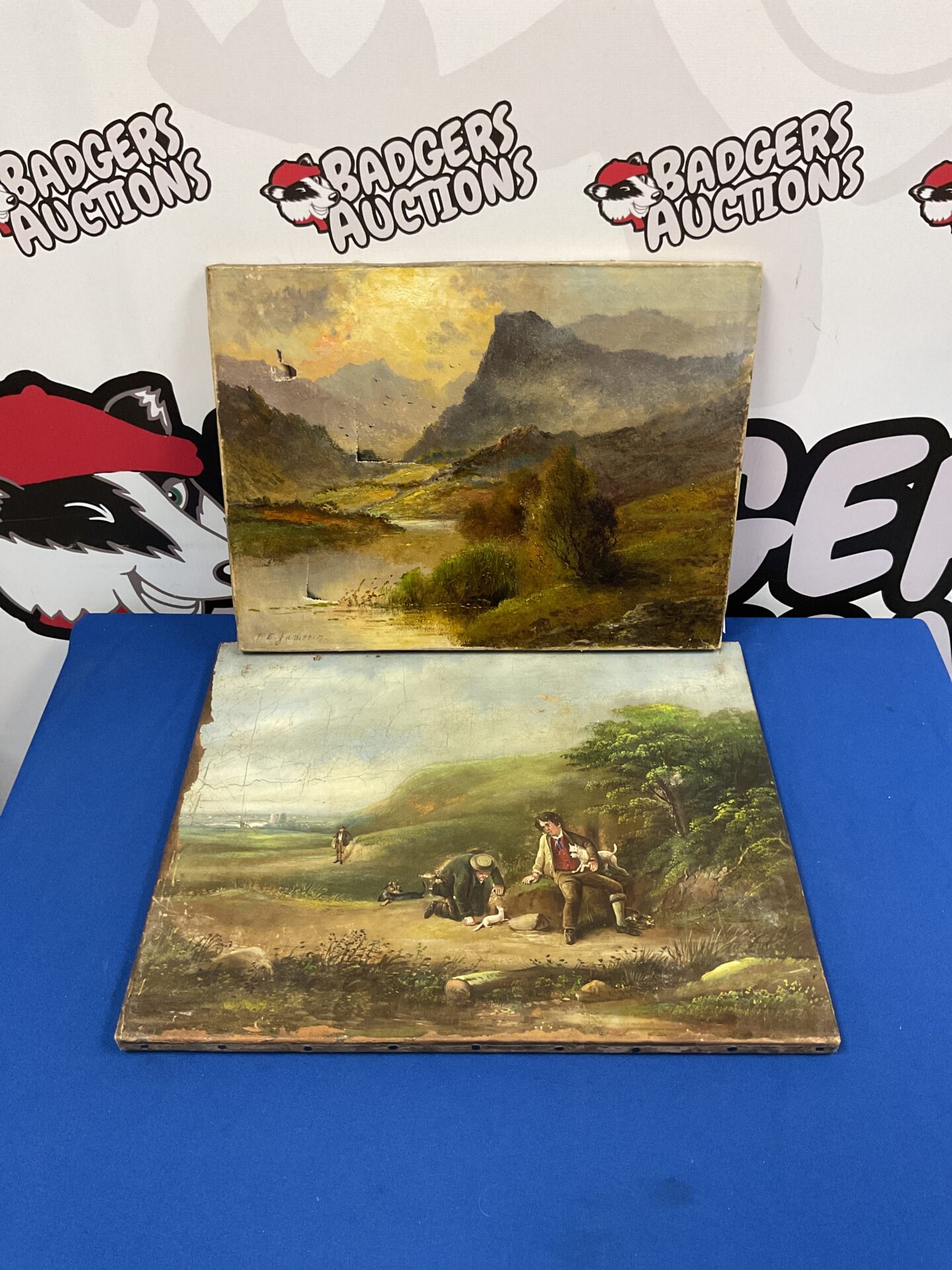 665 Two antique oil paintings including one signed f e jameson for restoration