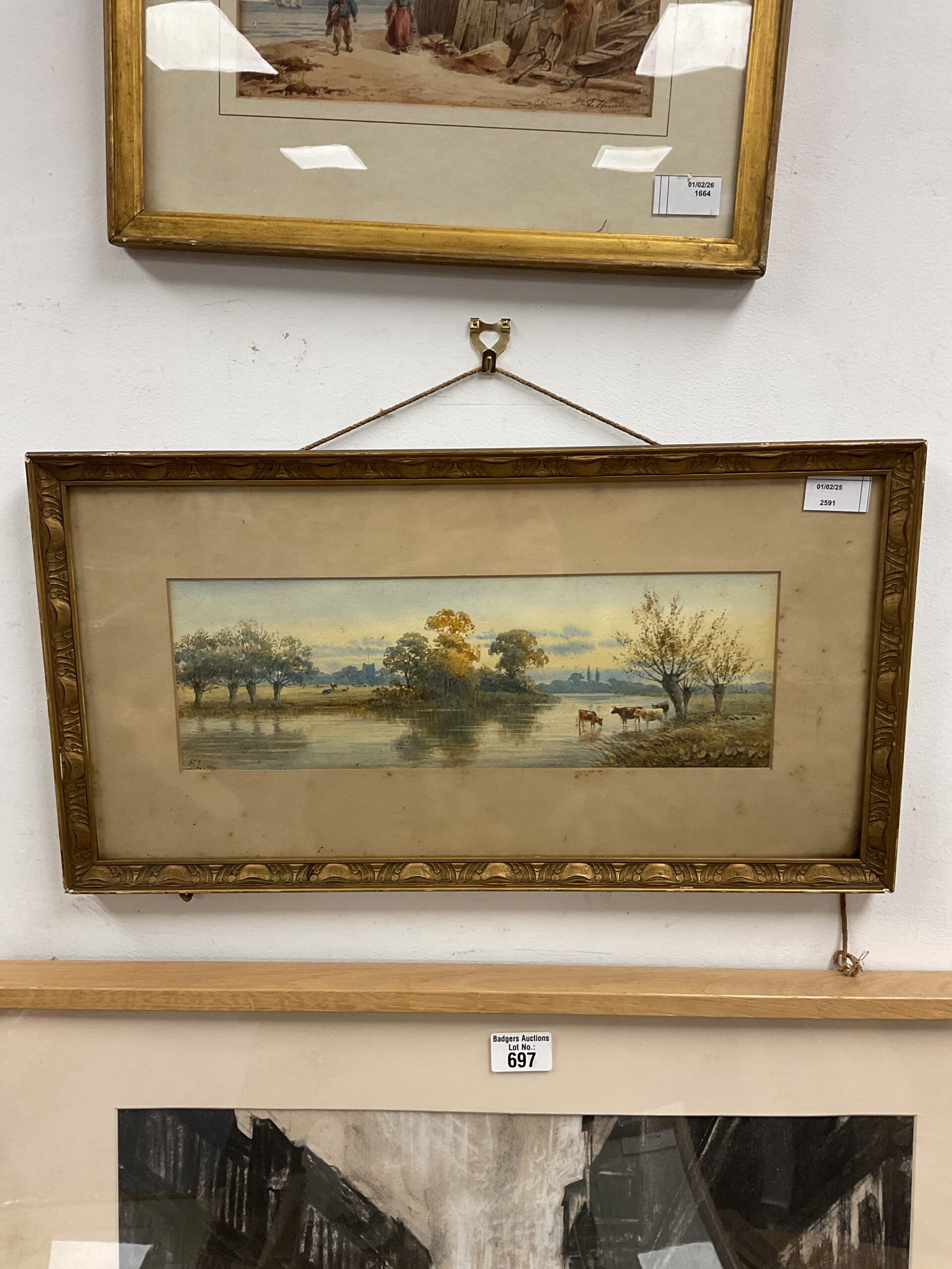 733 Antique watercolour signed HL 1892 of cattle in river with church in the background