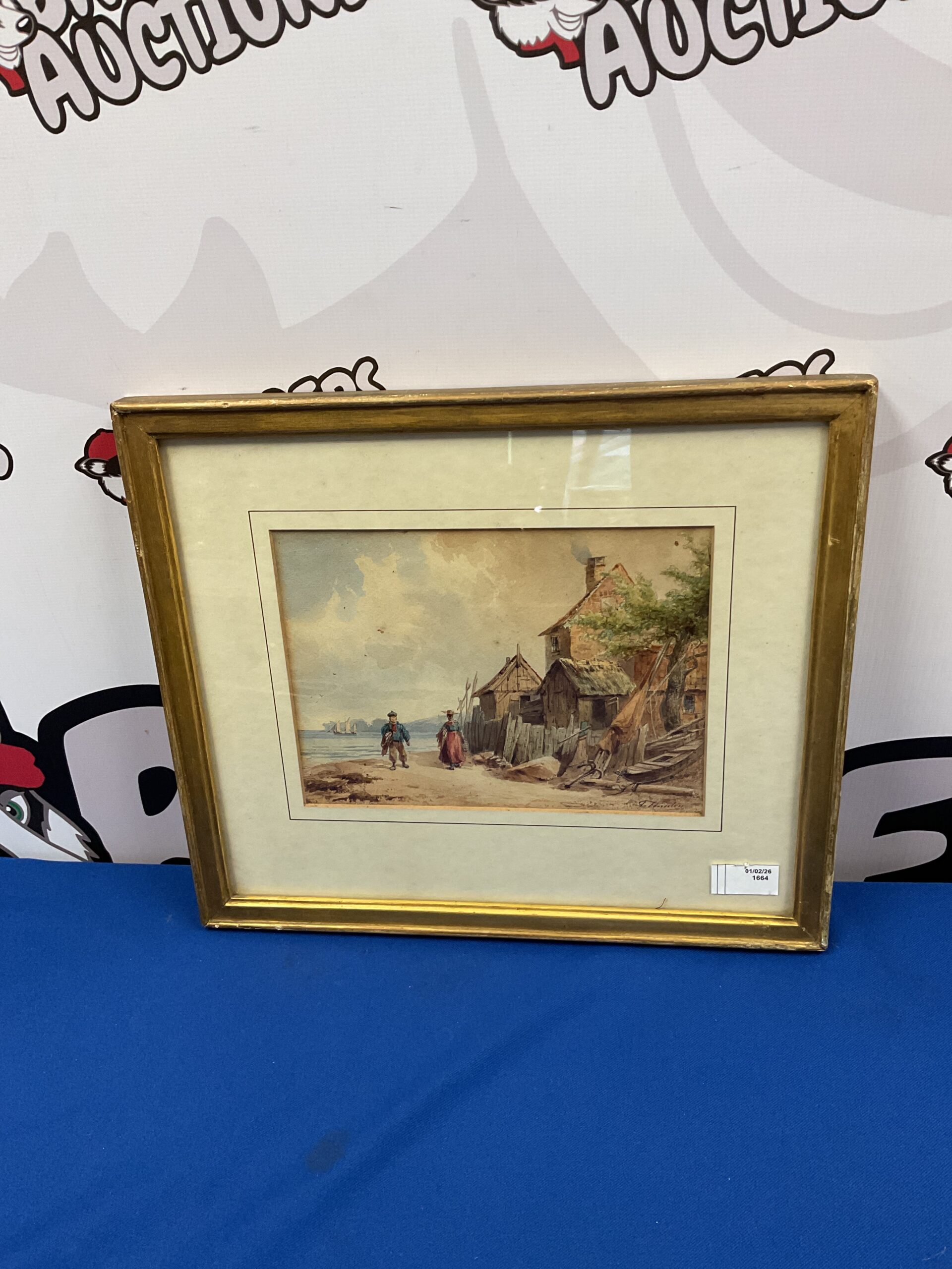732 Antique artist signed watercolour of a fishing village with sailboat in distance