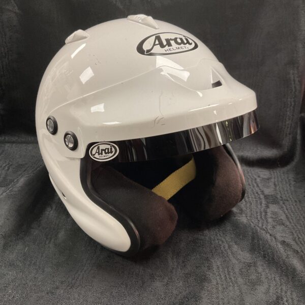 White Arai GP-J3 open face motorcycle helmet, front view.
