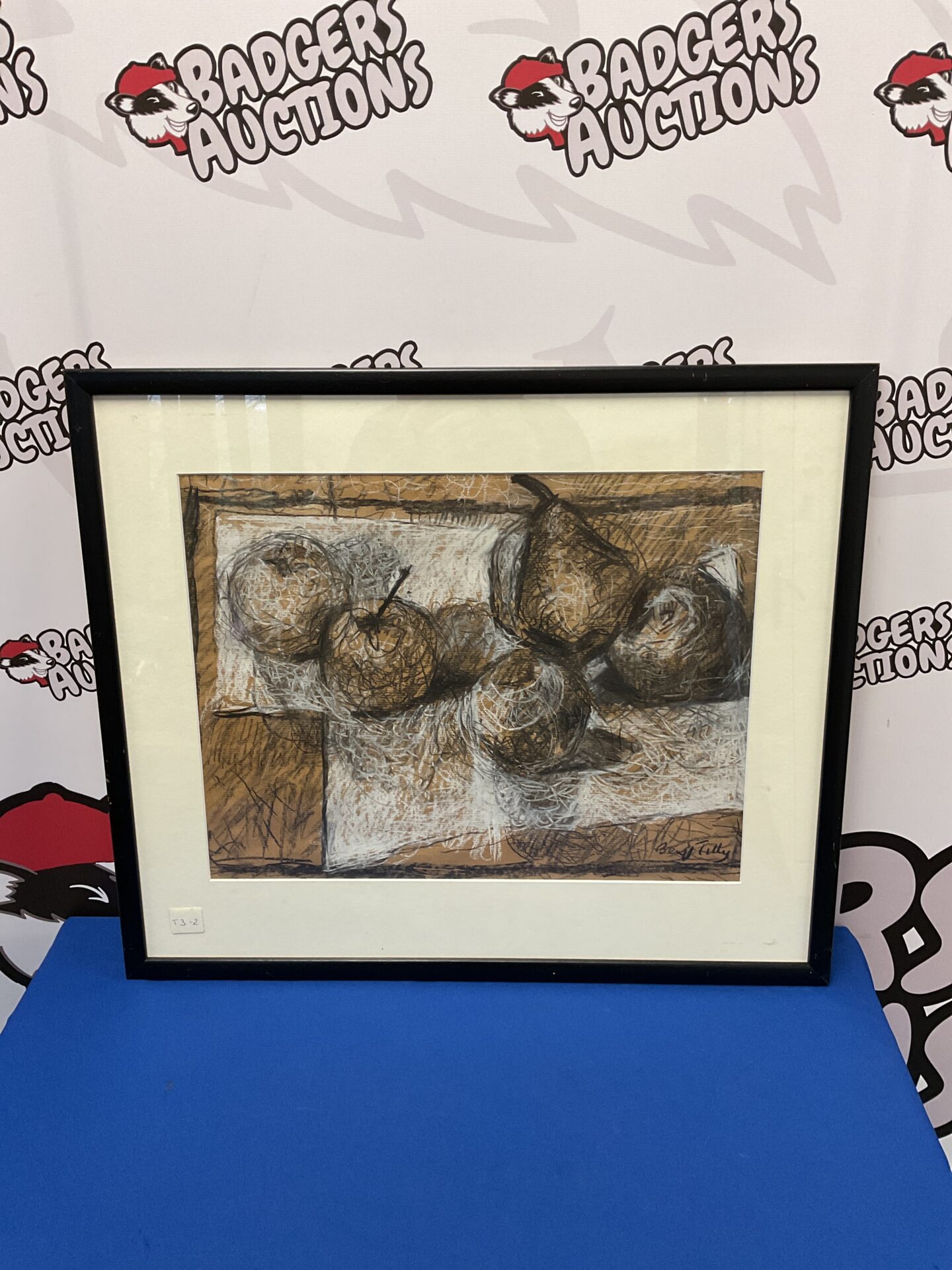 728 Beryl Tilley (1939-2024) charcoal & chalk still life artwork of fruit 66cm x 43cm