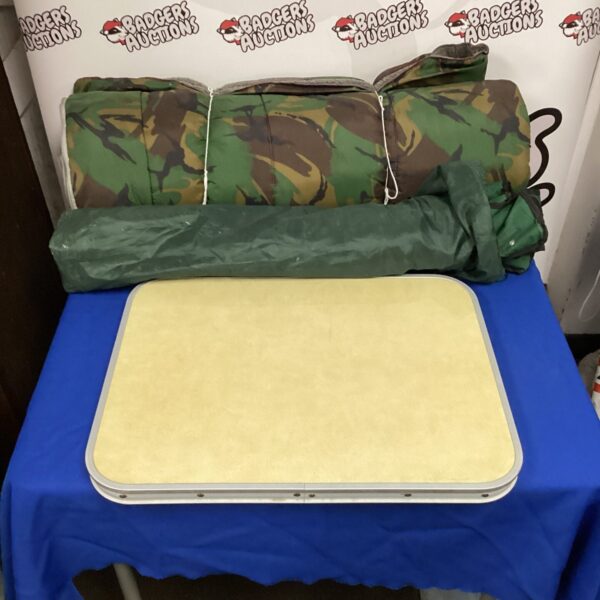 British Army forest camo sleeping bag with folding table and chair.
