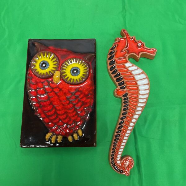 Vintage Carlos Vizeu pottery owl plaque, colourful enamel detail.