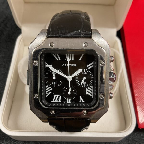 Front view of a black Cartier Santos replica watch with leather strap.