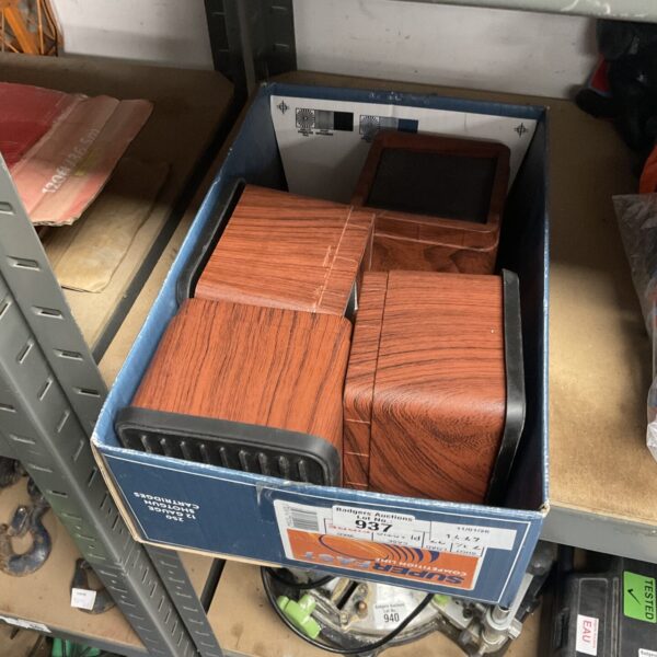Set of four wood effect chair risers for furniture.