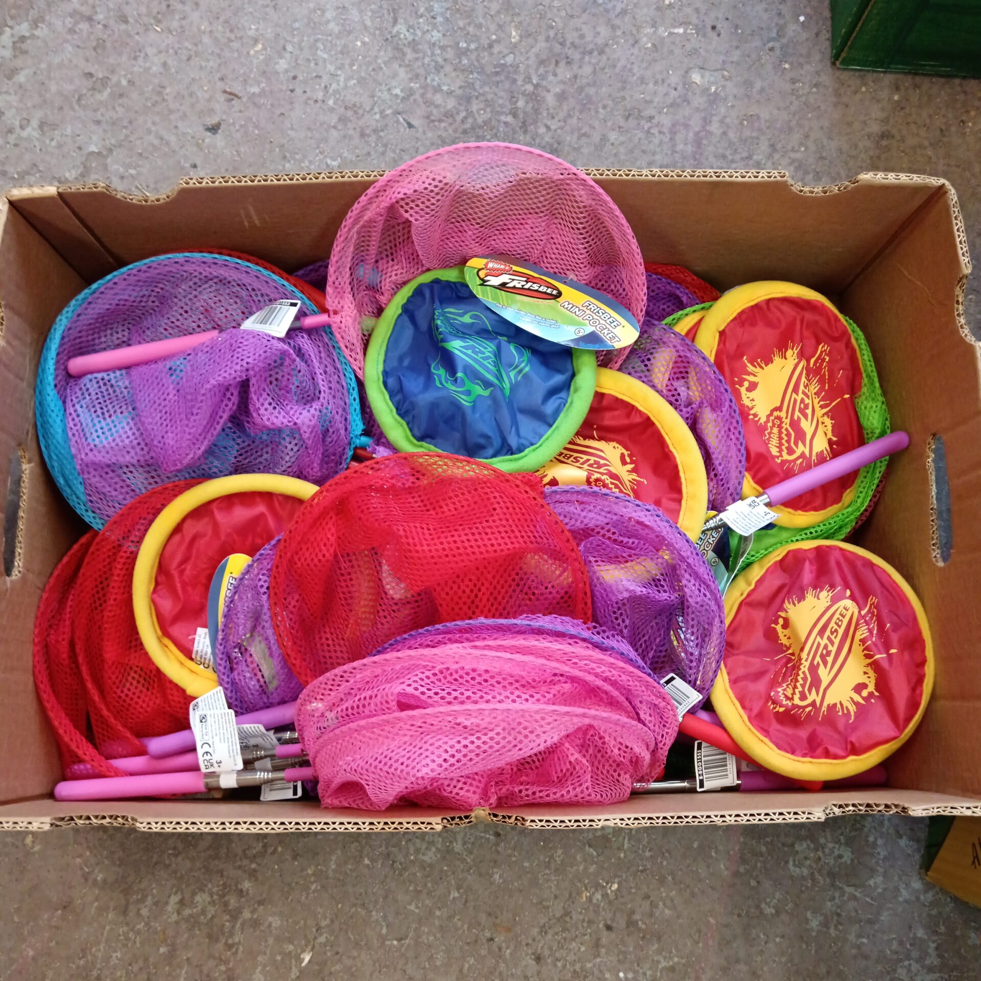 1125 Box of new Wham-O frisbees & extending children’s fishing nets