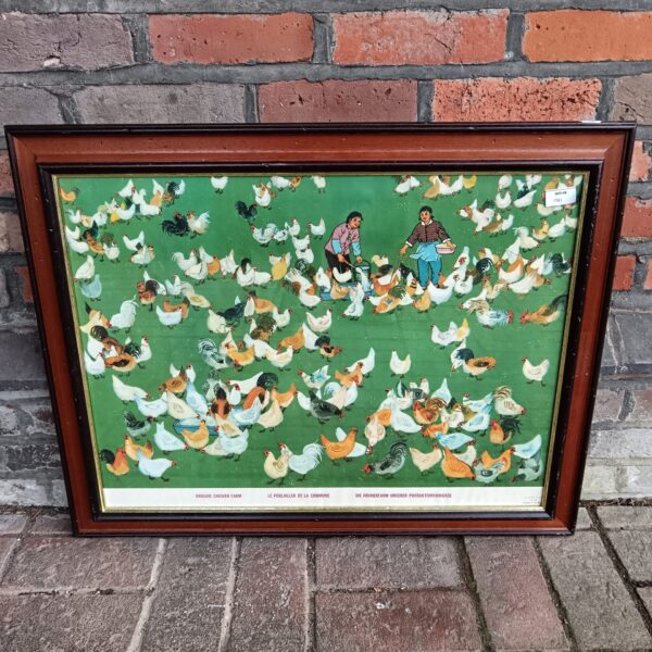 Vintage Chinese propaganda poster depicting women feeding chickens on a farm.
