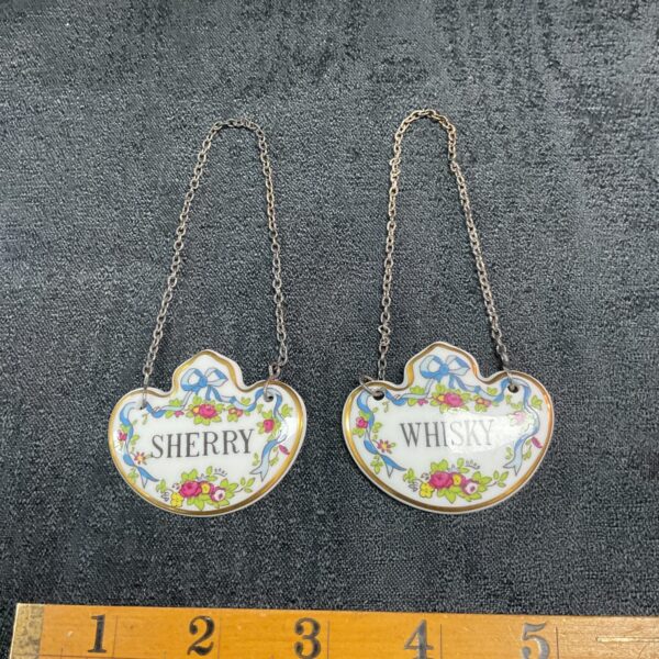Vintage Coleport decanter labels for Sherry and Whiskey, porcelain pair.