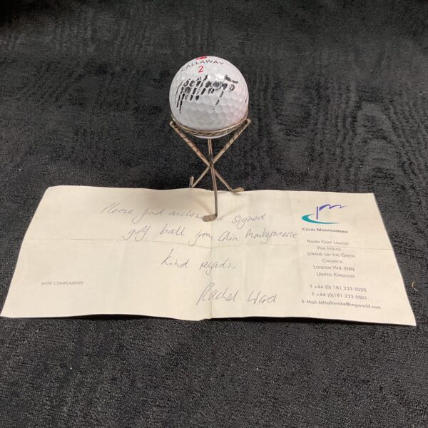 Colin Montgomery signed Callaway golf ball on antique stand with provenance.