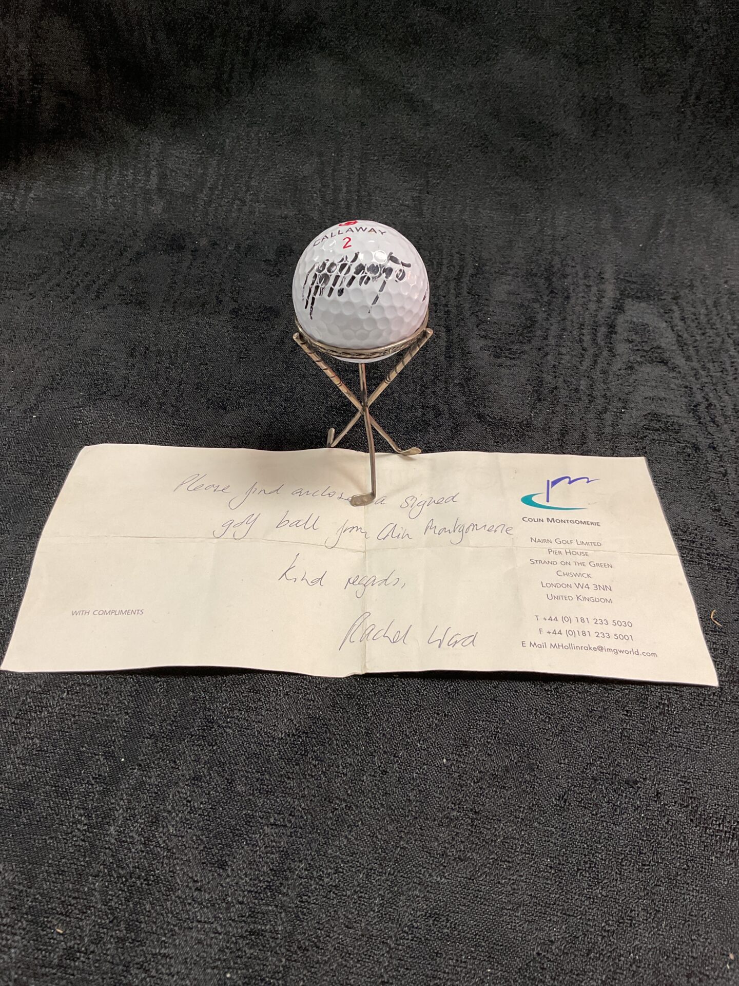 835 Colin Montgomery hand signed Callaway golf ball on antique golf club display stand with letter of provenance from Nairn golf Limited