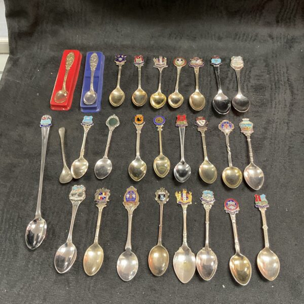 Silver plated collector spoons lot, vintage souvenir collection.