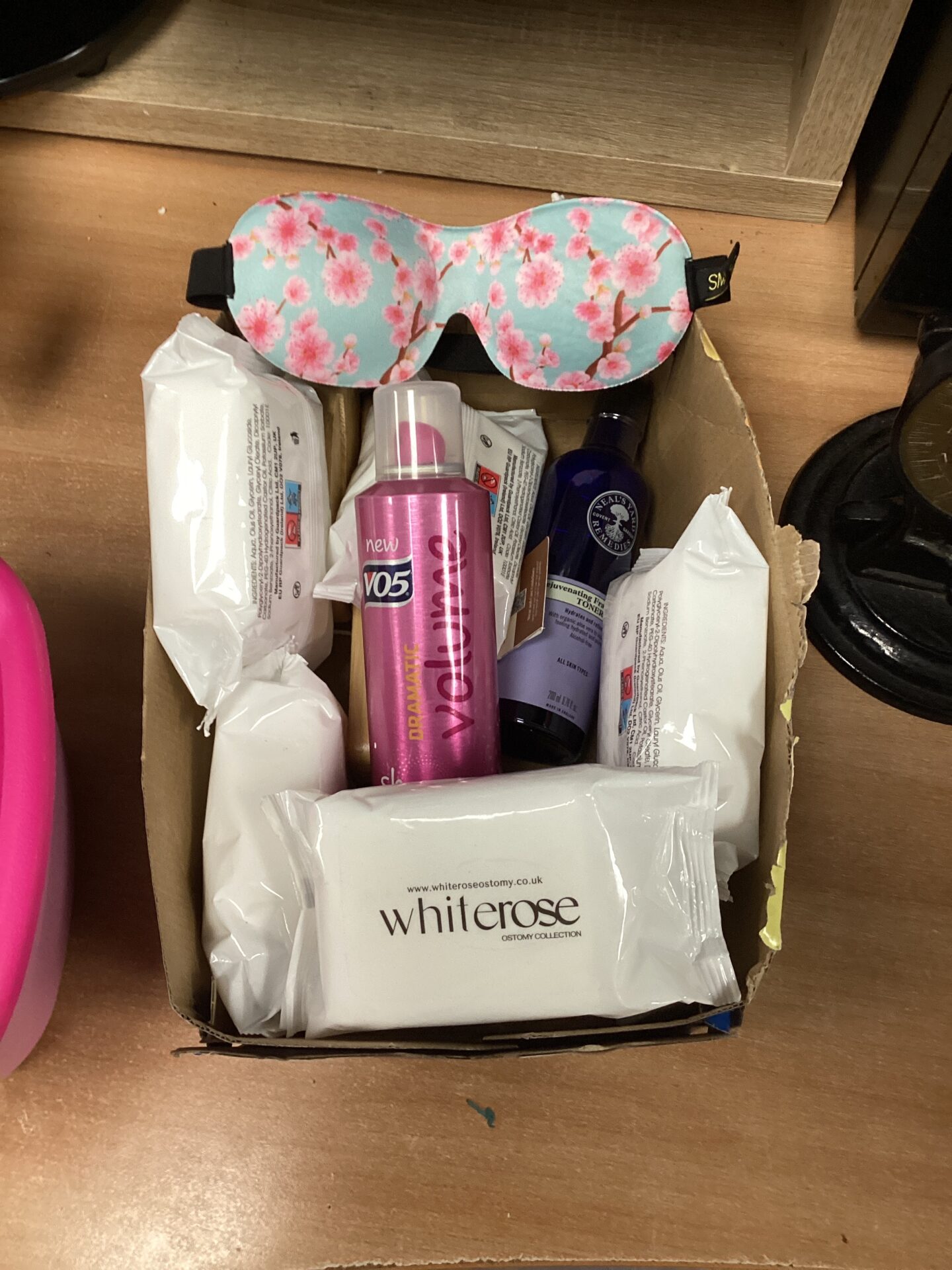 448 Box of cosmetis inc whiterose wipes, VO5 hair styling spray f smug blackout sleeping mask