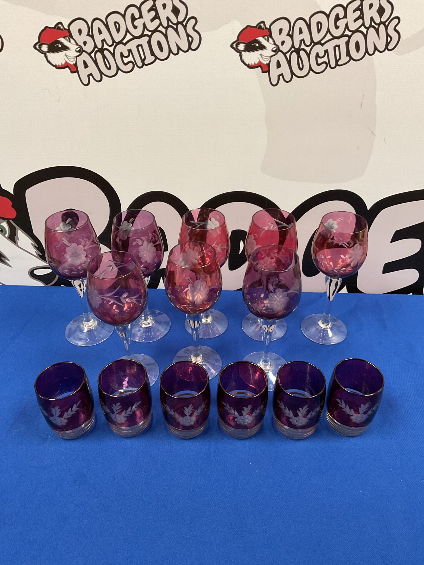 020 Set of etched cranberry glass wine glasses & whiskey glasses