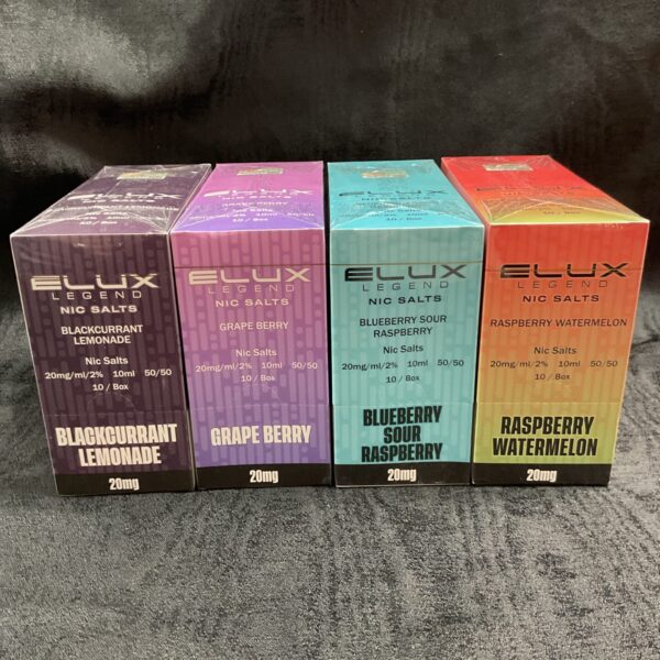Sealed collection of Elux Legend Nic Salts vape refills in various flavours.