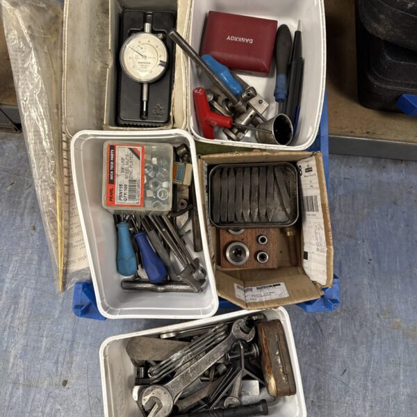 Tray of mixed engineers tools and gauges for workshop use.