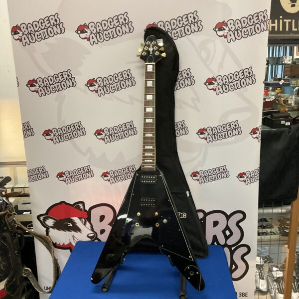 Black Gear4music Flying V electric guitar for restoration.