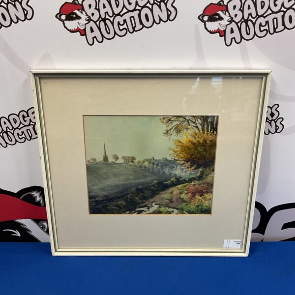 Watercolour painting of a village landscape with a church spire by C. Hannaford.