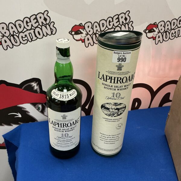 Opened bottle of Laphroaig 10 year old Islay single malt Scotch whisky.