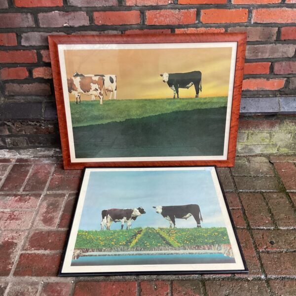 Vintage 1977 Larry Learmonth cow print, rural farm animal art.