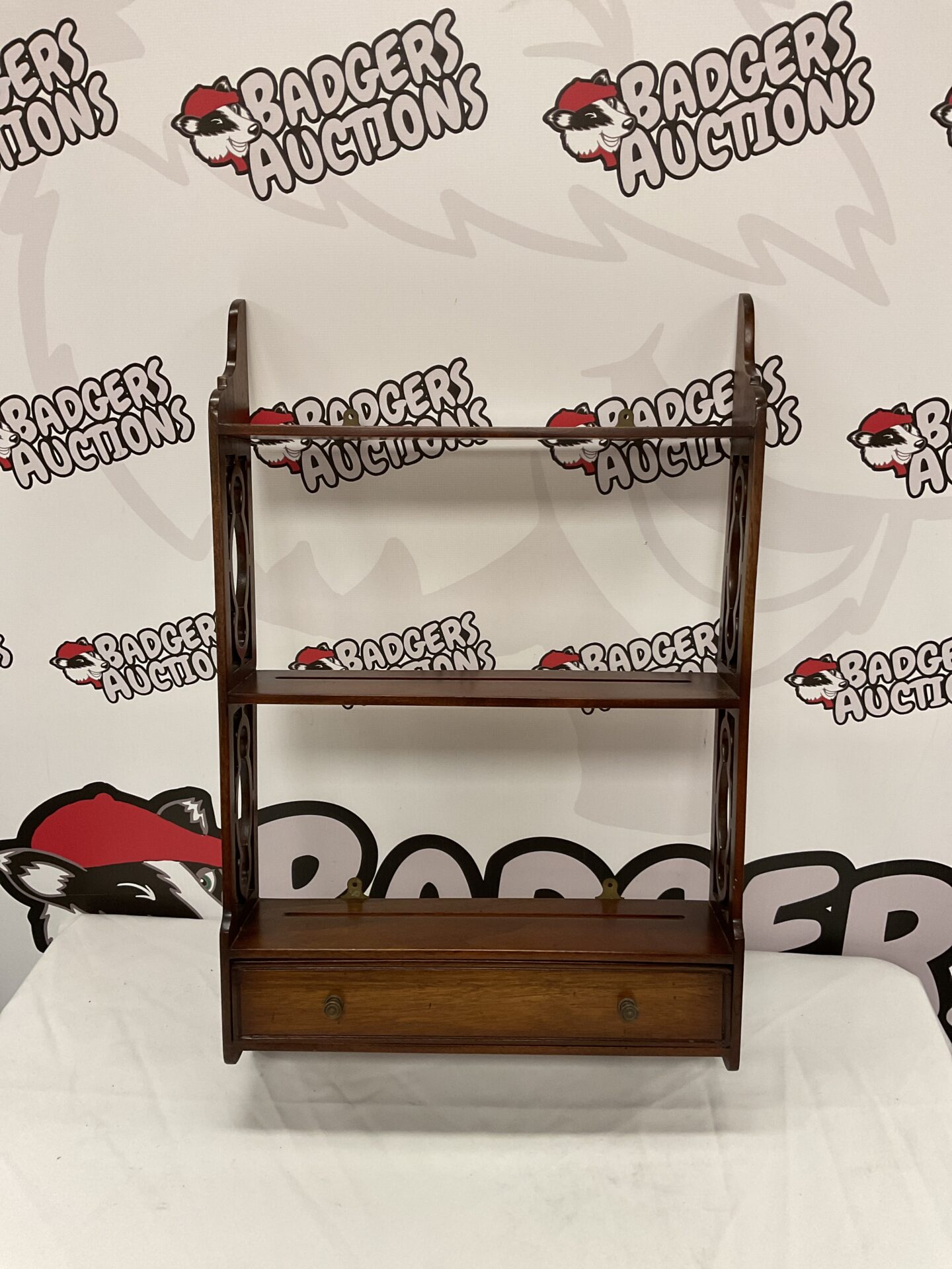 008 Small Vintage mahogany display wall shelf with drawer (Purchased from Liberty’s during the 80’s)