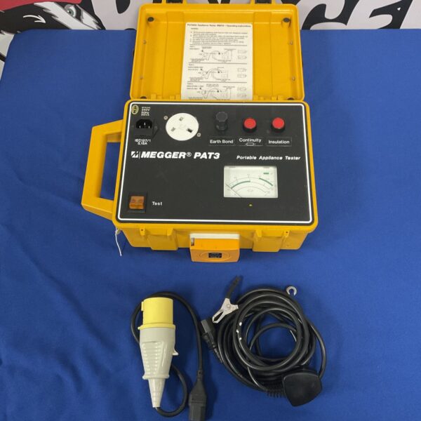 Megger PAT3 portable appliance tester with digital display and testing leads.