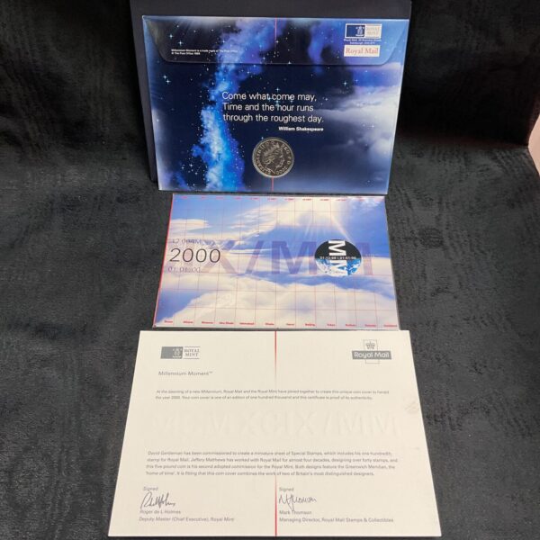 Front view of the Millennium £5 coin and cover.