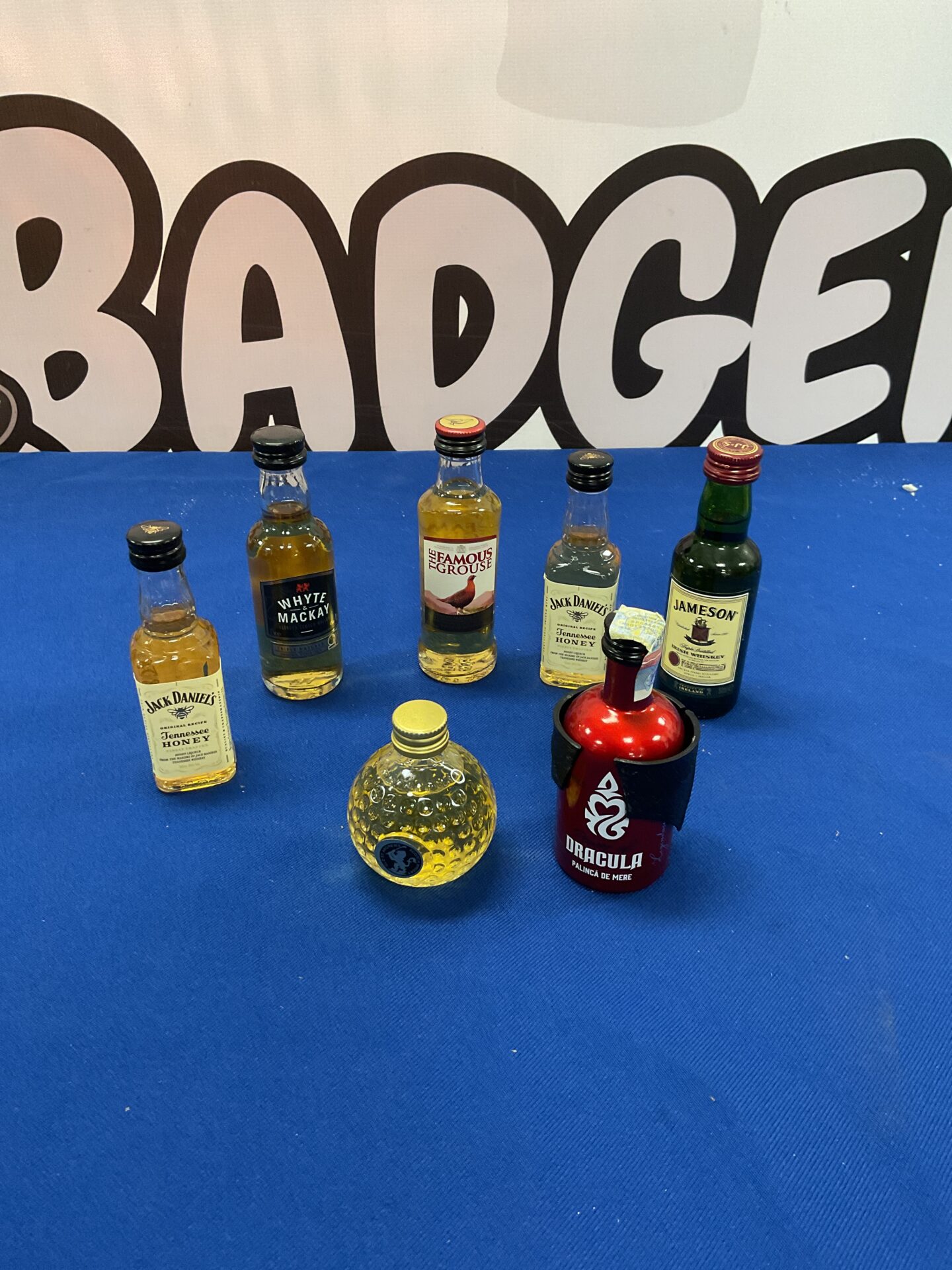 892 Seven miniature bottles of whiskey, including white and Mackay famous Grouse Jack Daniels
