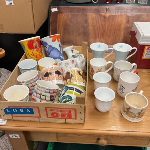 Overview of a colourful mug collection including Dunoon and Wedgwood.