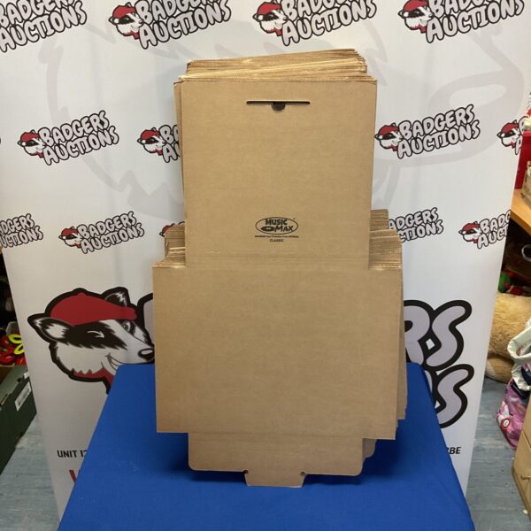 Quantity of Music Max vinyl record protection boxes for LP storage.