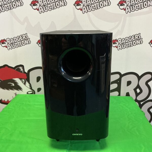 Black Onkyo SKW-501E subwoofer for home theater audio.