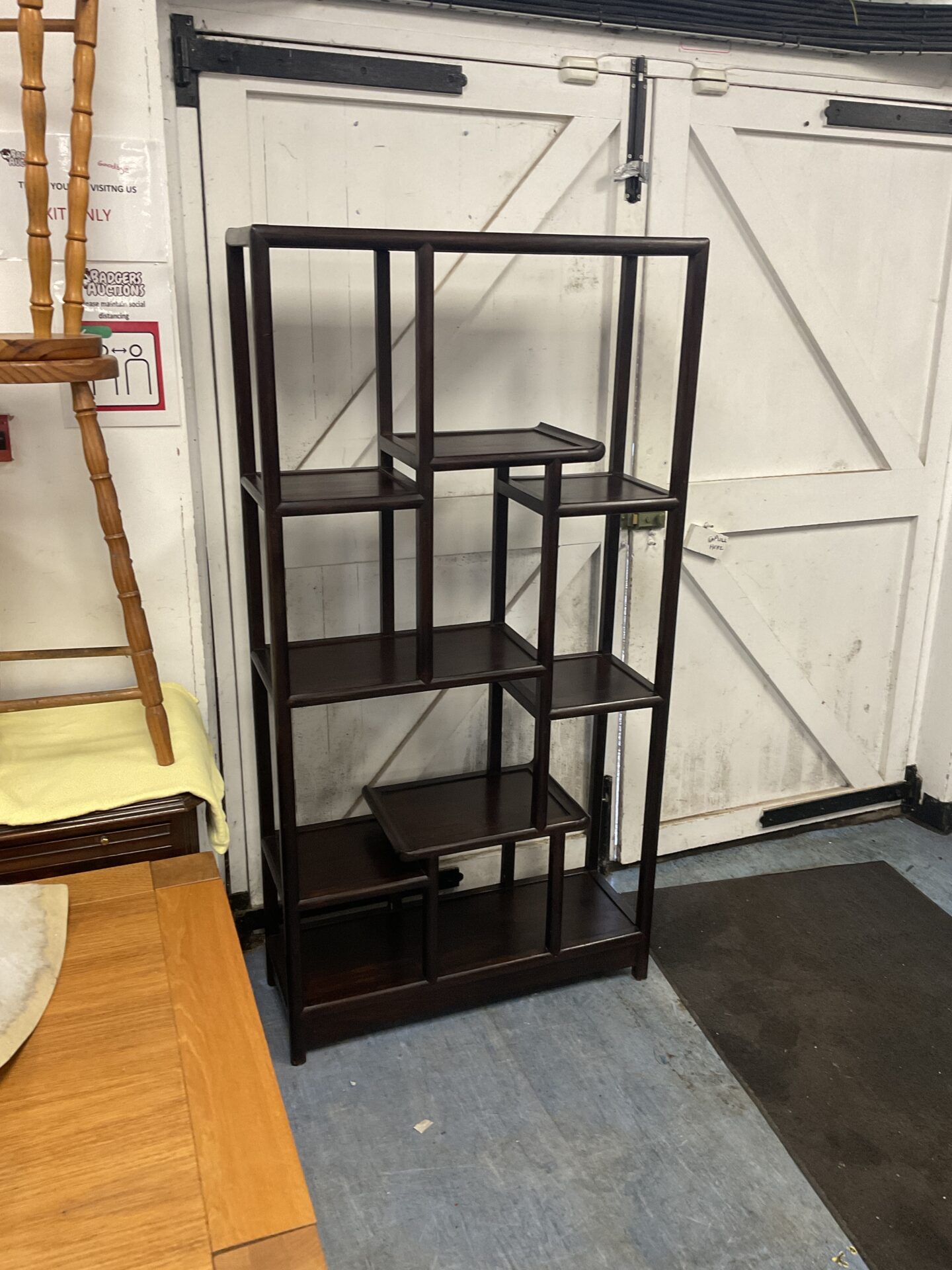 607 Vintage oriental mahogany staggered level display shelf cabinet 69” tall x 35.5” width x 13” depth