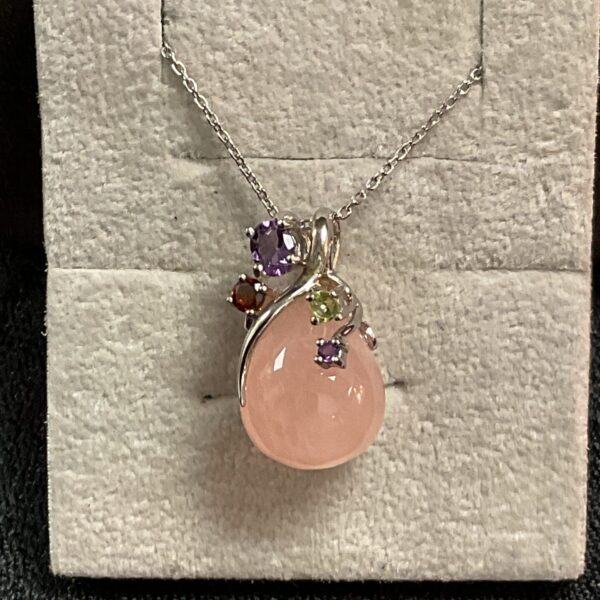 Pandora silver necklace with pink stone and amethyst accents.