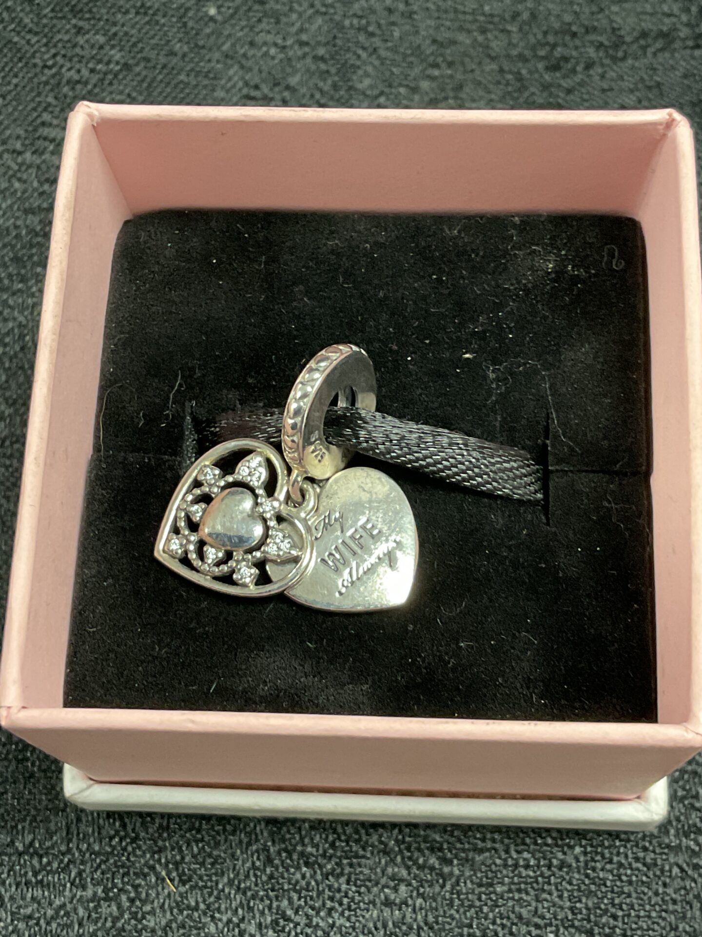 859 Pandora charm bracelet charm, two hearts with one heart inscribed my wife always