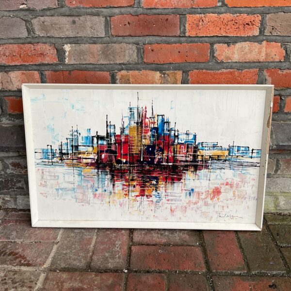 Vibrant Paul Mann abstract painting of a riverside cityscape.