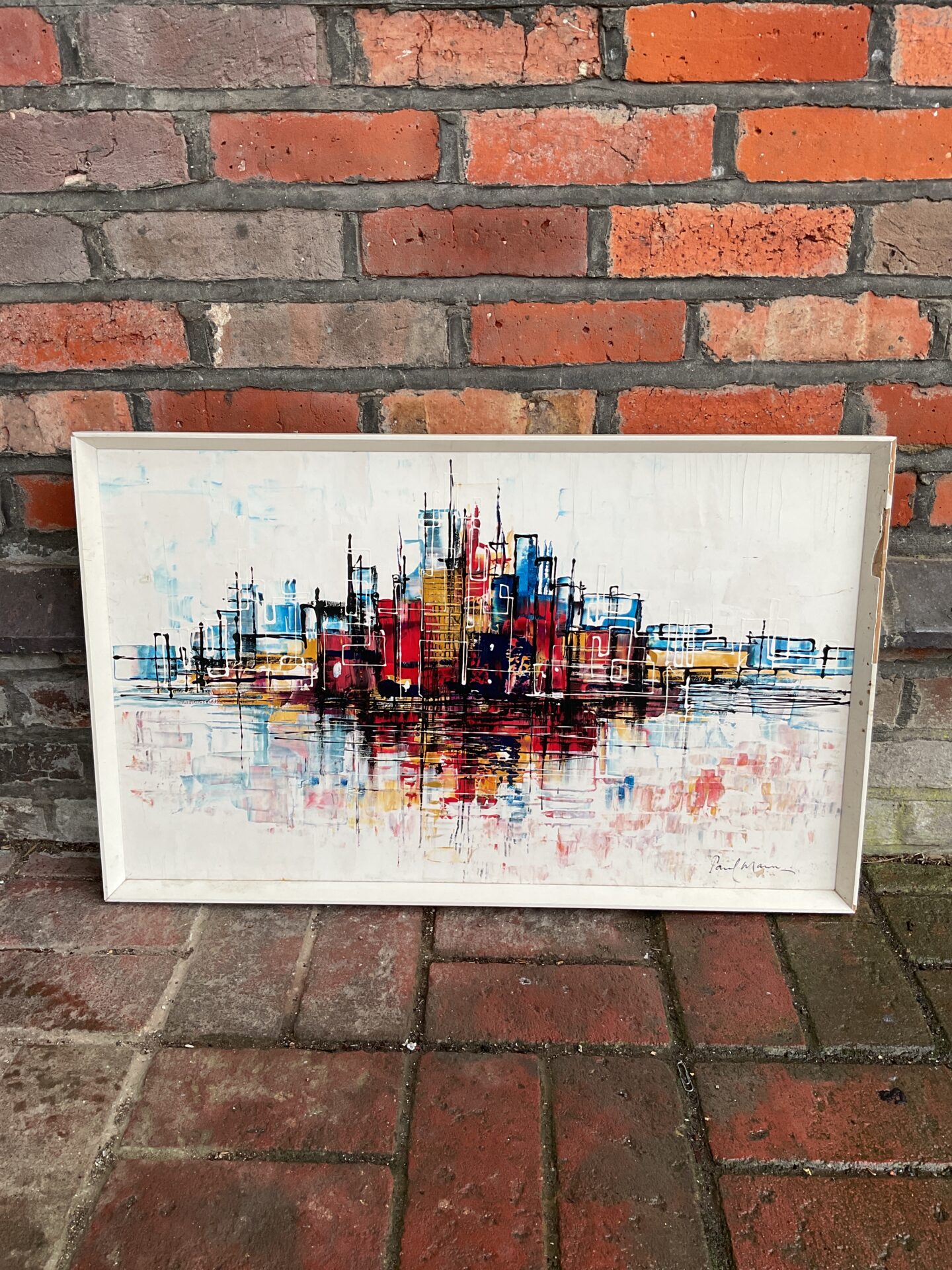 694 Paul mann signed cellulose on board of a abstract riverside cityscape