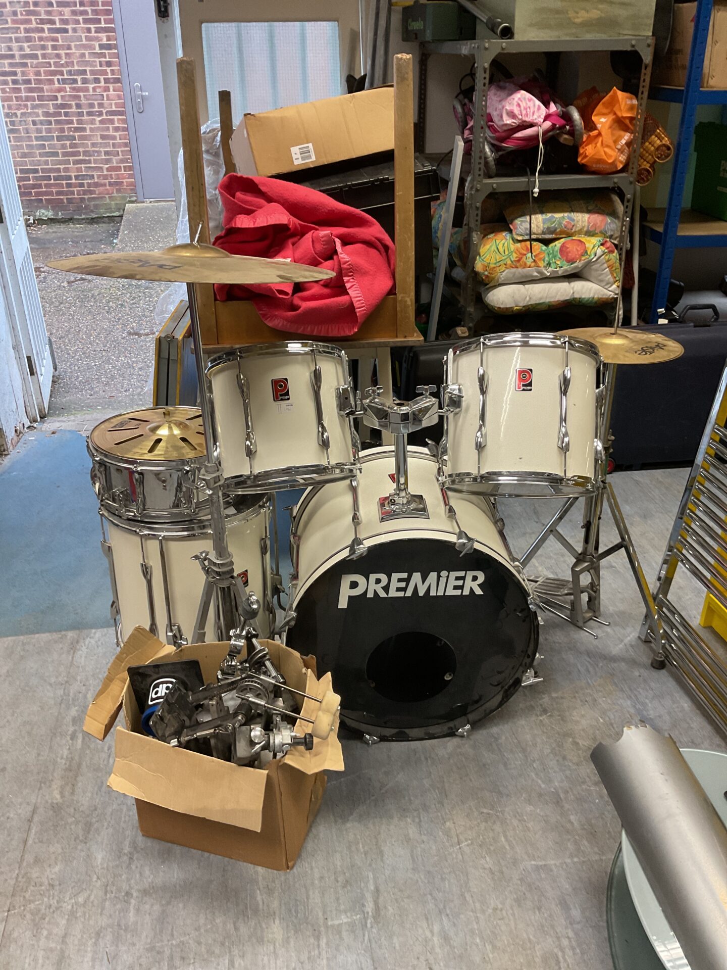 749 White premier drum kit with box of pedals & cymbals
