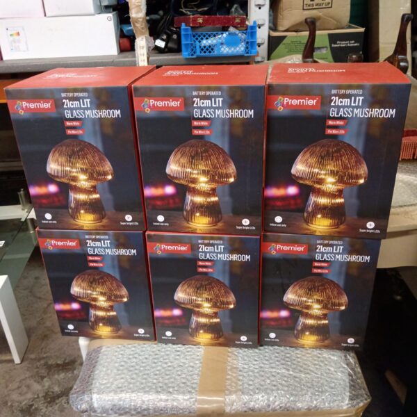 Lot of six new Premier 21cm lit glass mushrooms in packaging.