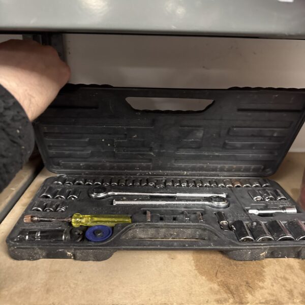 Unbranded ratchet socket set in a moulded plastic case, showing various sockets.