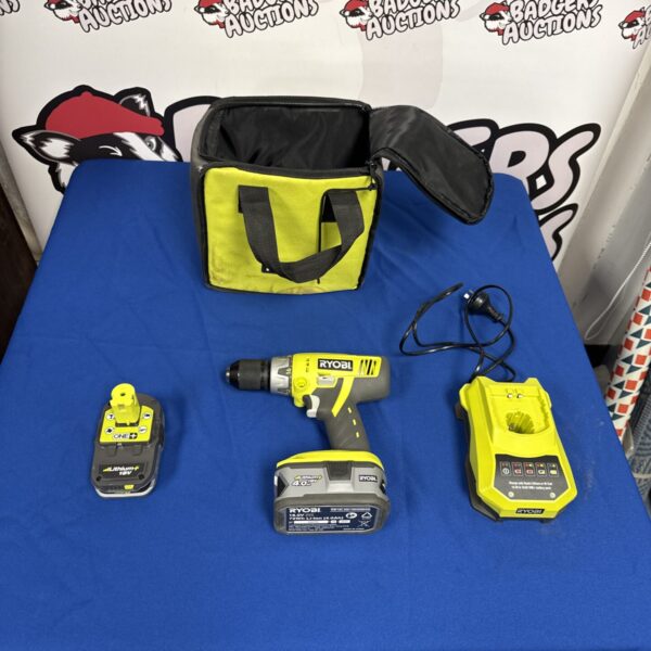 Ryobi One+ cordless drill set with batteries and charger.