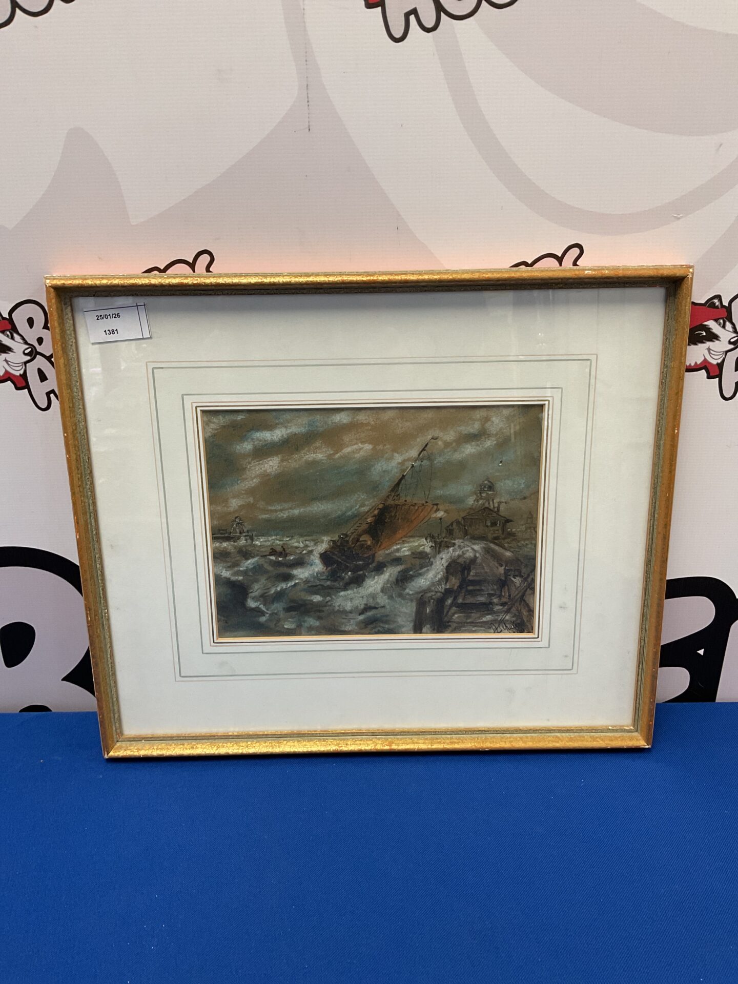 680 a schutze signed pastel & chalk artwork of stormy coastal scene with fishing boats