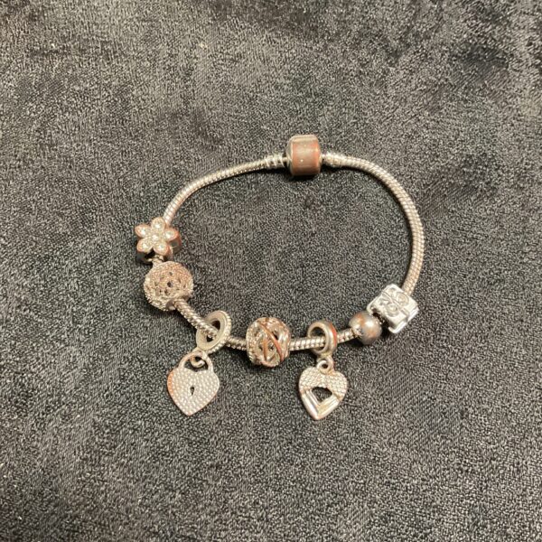 Silver tone charm bracelet with seven unique charms.