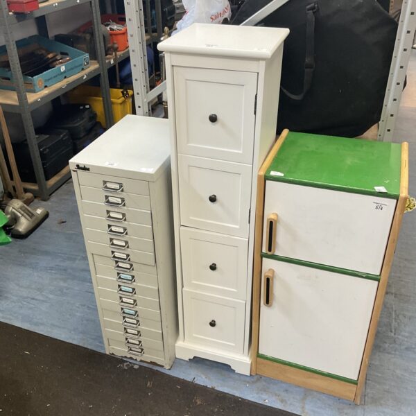 White slimline storage cabinet with two drawers and cupboard.